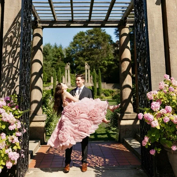Milla Strapless Dress. Dramatically flowered tulle dress in misty pink. - Picture 9 of 13